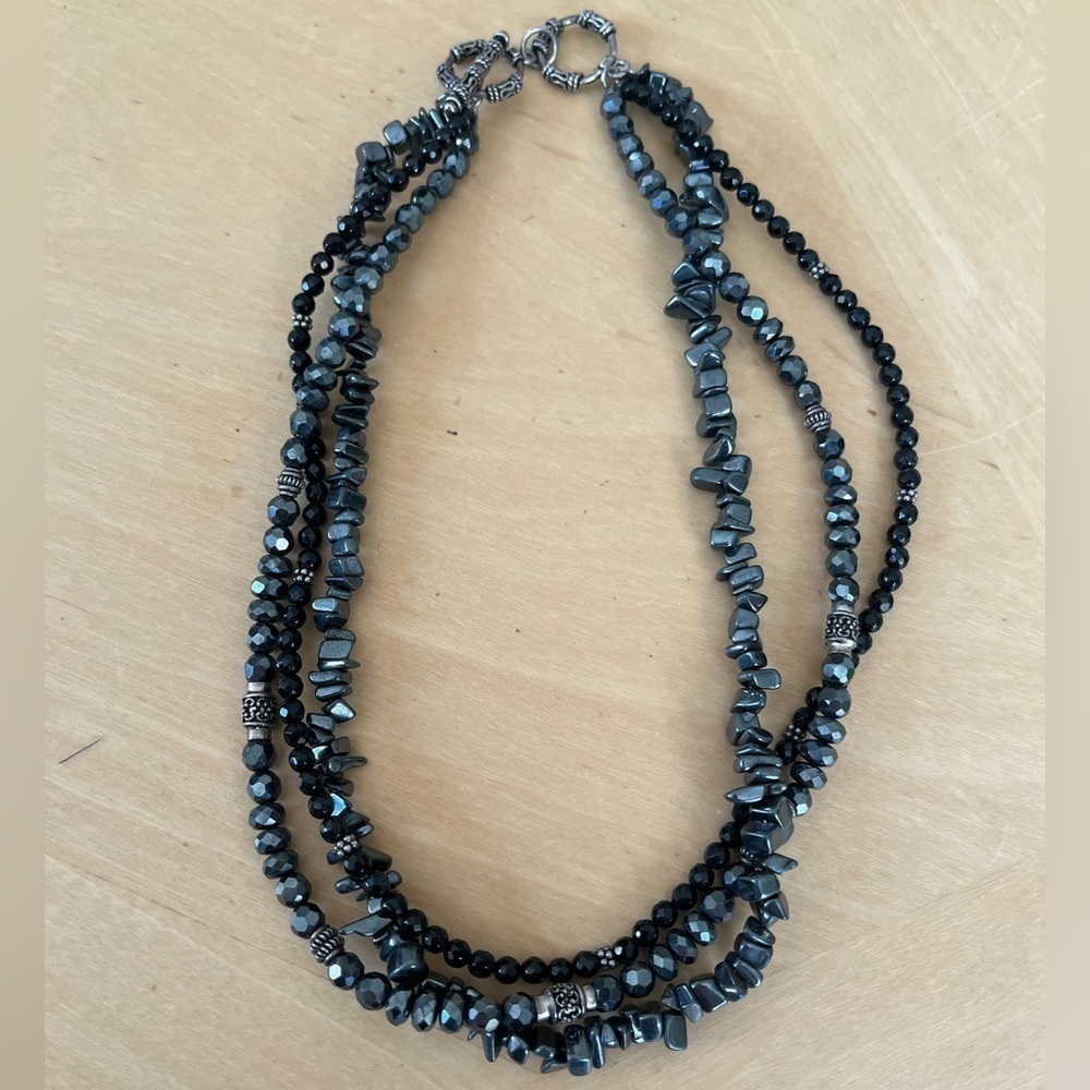 Black 3 Strand Necklace with Silver Tone Accents - Picture 14 of 16